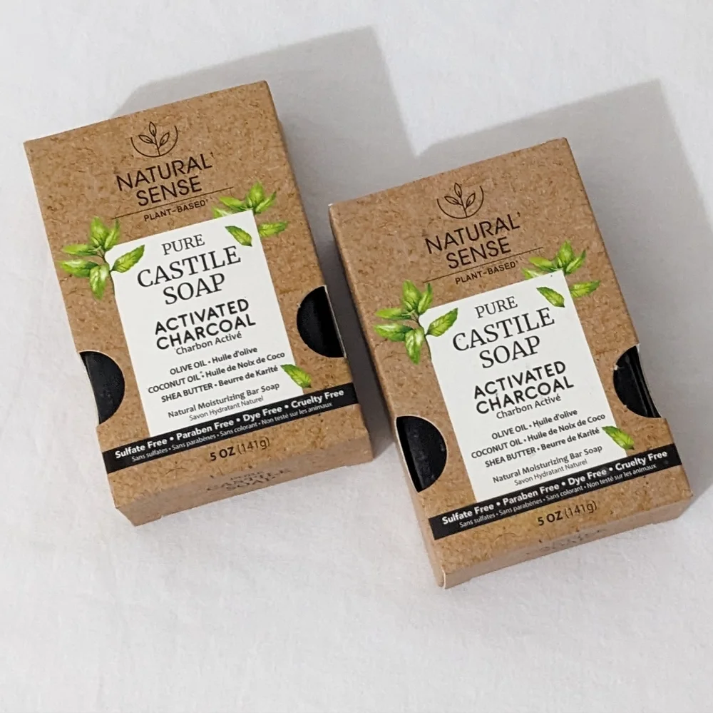 Natural Sense Plant Based Activated Charcoal Pure Castile Bar Soaps, Bundle of 2